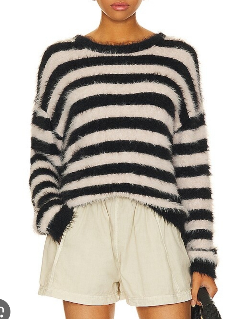 Velvet by Graham & Spencer Black and Blush Striped Fuzzy Crewneck Sweater Size L